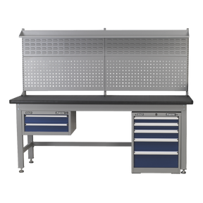 The Sealey 1.5m Complete Industrial Workstation & Cabinet Combo - API1500COMB02 features a metallic workbench with a pegboard back, a laminate worktop, and storage drawers on either side. The left side includes one drawer above a shelf, while the right side houses six drawers in total, all equipped with heavy-duty ball-bearing drawer slides for smooth operation.