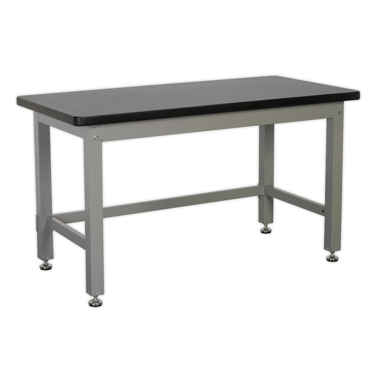 The Sealey Workbench Steel Industrial 1.5m - API1500 is a rectangular workbench made of metal and plastic, featuring a black laminate worktop, silver legs, and six adjustable feet crafted from heavy gauge steel.