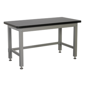The Sealey Workbench Steel Industrial 1.5m - API1500 is a rectangular workbench made of metal and plastic, featuring a black laminate worktop, silver legs, and six adjustable feet crafted from heavy gauge steel.
