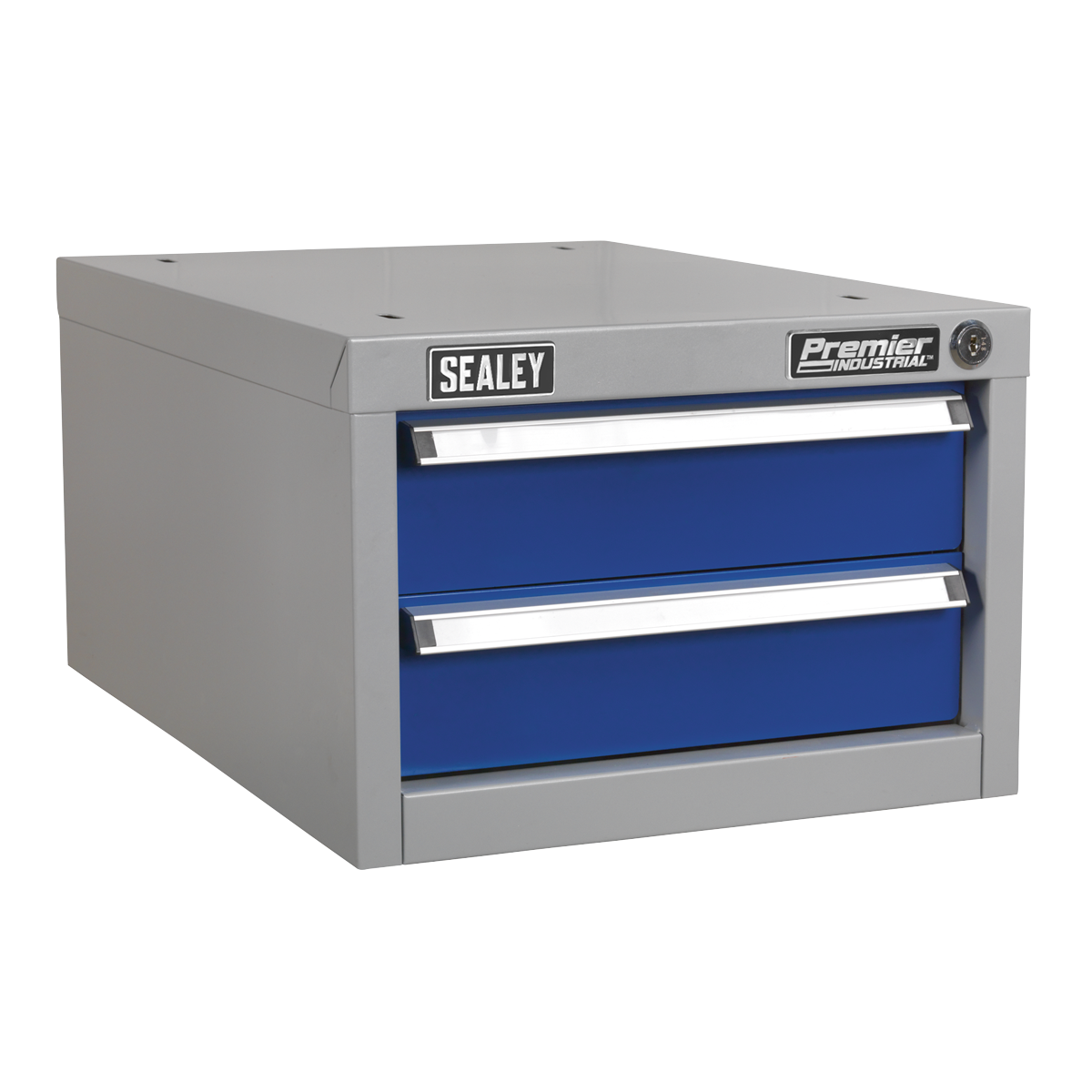 The Sealey Double Drawer Unit for API Series Workbenches - API15, a grey and blue metal toolbox with two slim-width double drawers, features heavy-duty ball-bearing drawer slides. Ideal for use with industrial workbenches.