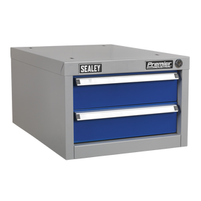 The Sealey Double Drawer Unit for API Series Workbenches - API15, a grey and blue metal toolbox with two slim-width double drawers, features heavy-duty ball-bearing drawer slides. Ideal for use with industrial workbenches.