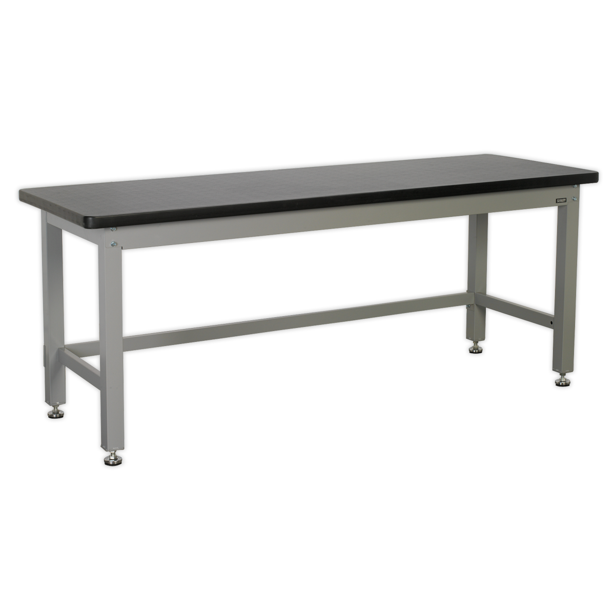 The Sealey Workbench Steel Industrial 2.1m - API2100 is a rectangular metal workbench with a dark laminate worktop and sturdy legs, designed for industrial or workshop use. Made from heavy gauge steel, it features adjustable feet for stability on uneven surfaces.