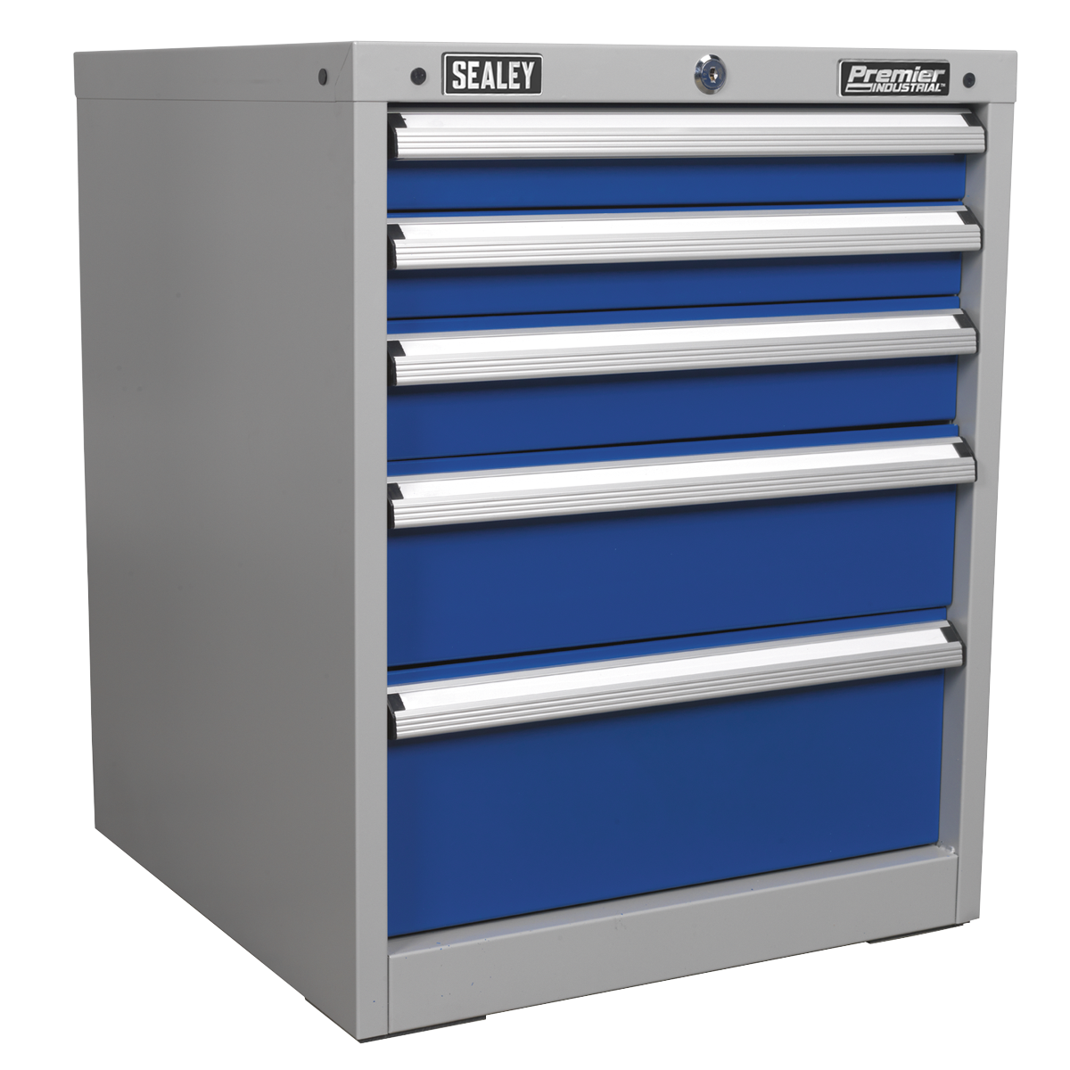 A gray and blue metal Cabinet Industrial 5 Drawer (API5655B) tool chest from Sealey, featuring five drawers with heavy-duty slides, labeled "Sealey" and "Premier Professional" at the top.