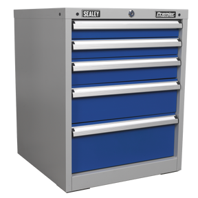 A gray and blue metal Cabinet Industrial 5 Drawer (API5655B) tool chest from Sealey, featuring five drawers with heavy-duty slides, labeled "Sealey" and "Premier Professional" at the top.