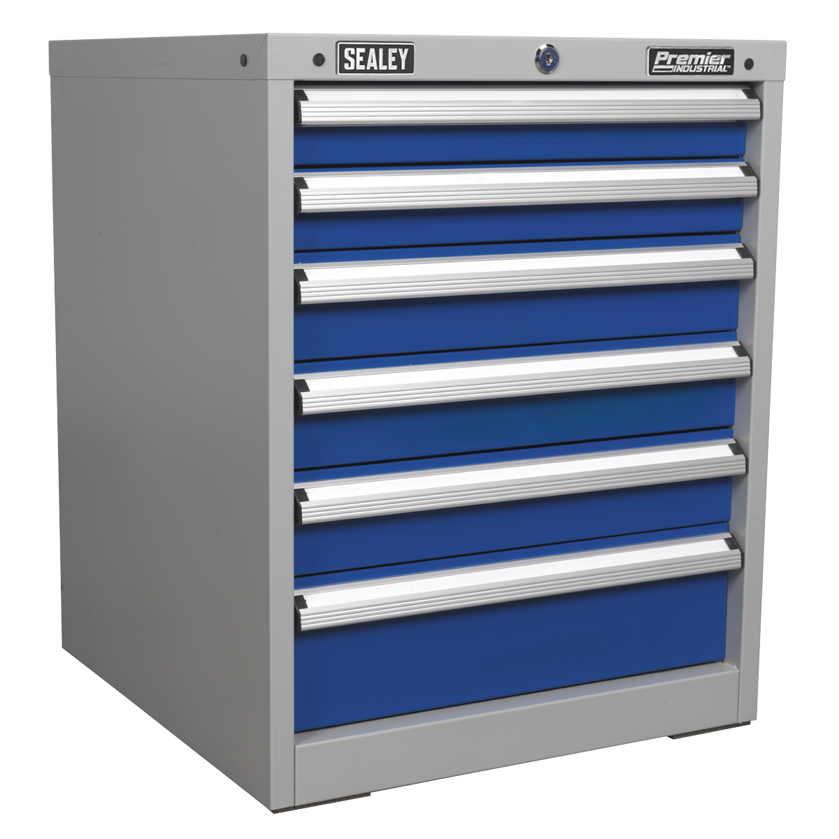 Introducing the Sealey Cabinet Industrial 6 Drawer - API5656, a premier storage solution featuring six blue drawers equipped with heavy-duty slides and a lockable top drawer secured by a high-quality lock.