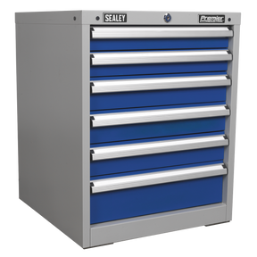 Introducing the Sealey Cabinet Industrial 6 Drawer - API5656, a premier storage solution featuring six blue drawers equipped with heavy-duty slides and a lockable top drawer secured by a high-quality lock.