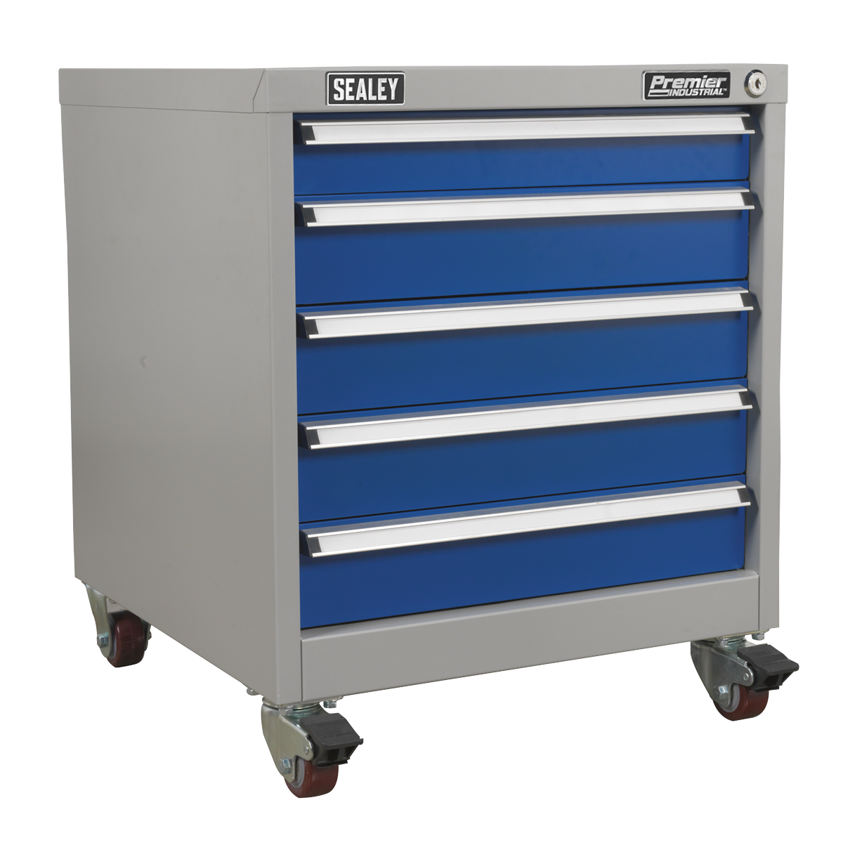 The Sealey Mobile Industrial Cabinet 5 Drawer - API5657A is a gray and blue rolling tool chest featuring heavy-duty drawer slides and a "Sealey" logo on the top front. The locking castors ensure secure placement, making it perfect for personalized storage needs.