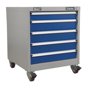 The Sealey Mobile Industrial Cabinet 5 Drawer - API5657A is a gray and blue rolling tool chest featuring heavy-duty drawer slides and a "Sealey" logo on the top front. The locking castors ensure secure placement, making it perfect for personalized storage needs.