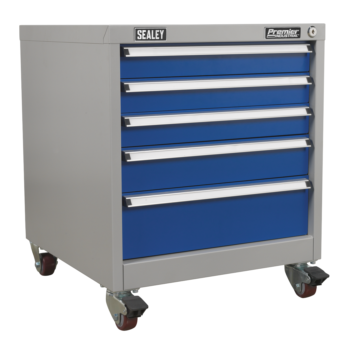 A Mobile Industrial Cabinet 5 Drawer - API5657B by Sealey, featuring a gray and blue design with heavy-duty drawers on caster wheels. The top of the cabinet showcases "Sealey" branding, making it an excellent personalized storage solution and a perfect workbench accessory.