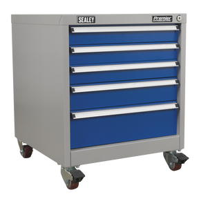 A Mobile Industrial Cabinet 5 Drawer - API5657B by Sealey, featuring a gray and blue design with heavy-duty drawers on caster wheels. The top of the cabinet showcases "Sealey" branding, making it an excellent personalized storage solution and a perfect workbench accessory.