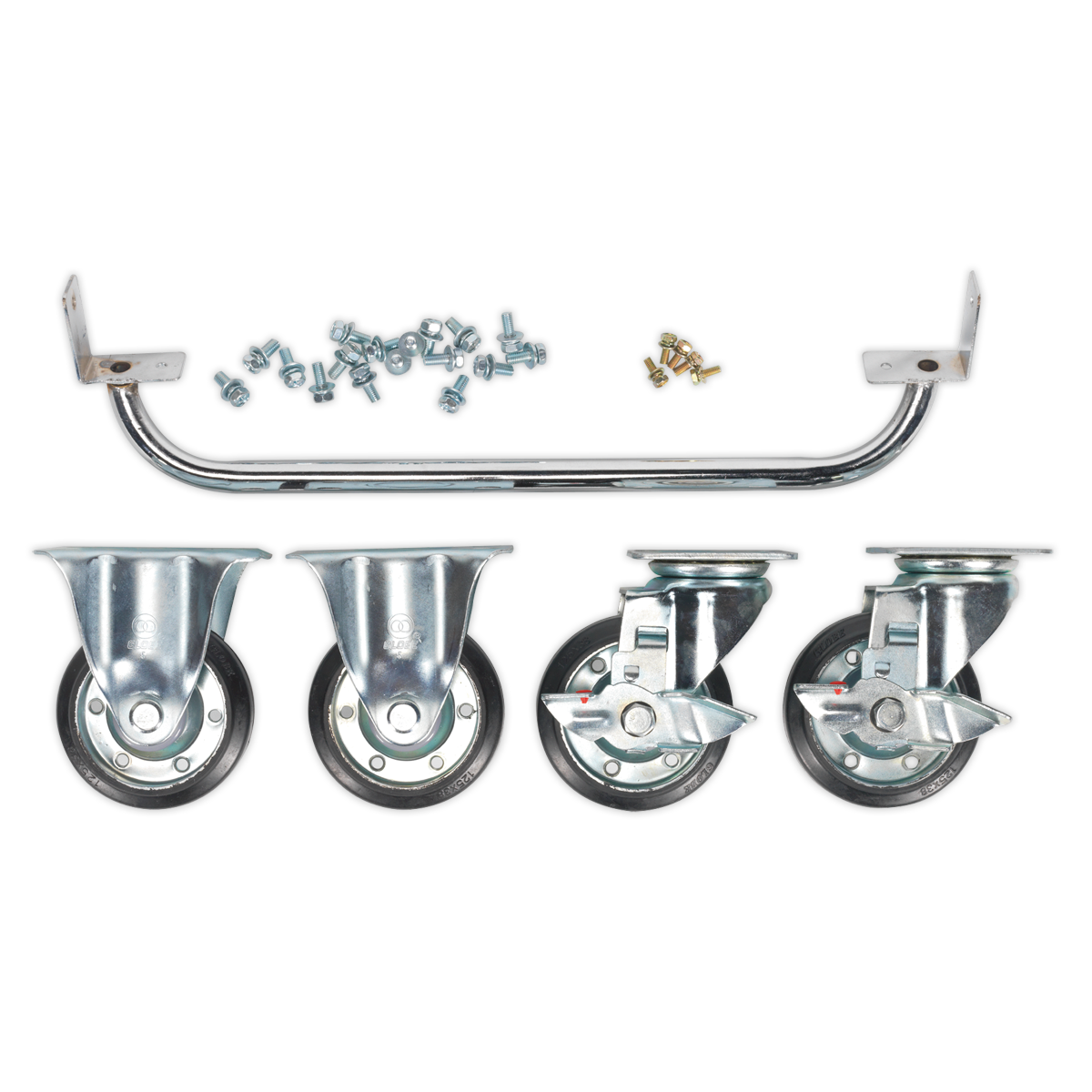 Introducing the Sealey Industrial Handle & Wheel Kit for 565mm Cabinets - API565KIT, which includes a metallic handle, four caster wheels, screws, bolts, and washers, all neatly arranged on a plain background.