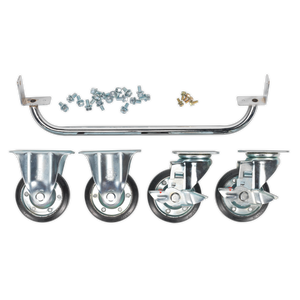 Introducing the Sealey Industrial Handle & Wheel Kit for 565mm Cabinets - API565KIT, which includes a metallic handle, four caster wheels, screws, bolts, and washers, all neatly arranged on a plain background.