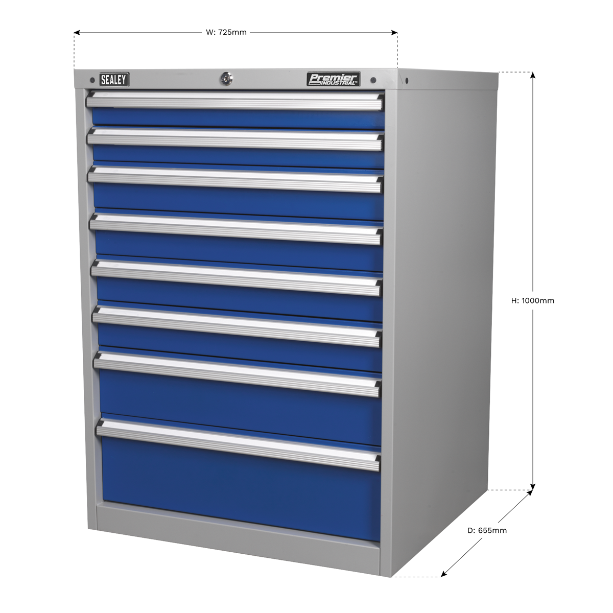 Introducing the Sealey Cabinet Industrial 8 Drawer - API7238, a blue and grey tool chest with dimensions of 725mm in width, 1000mm in height, and 665mm in depth. This chest features heavy-duty drawer slides for smooth operation, brand logos on the top left and center, and a high-quality lock for added security.