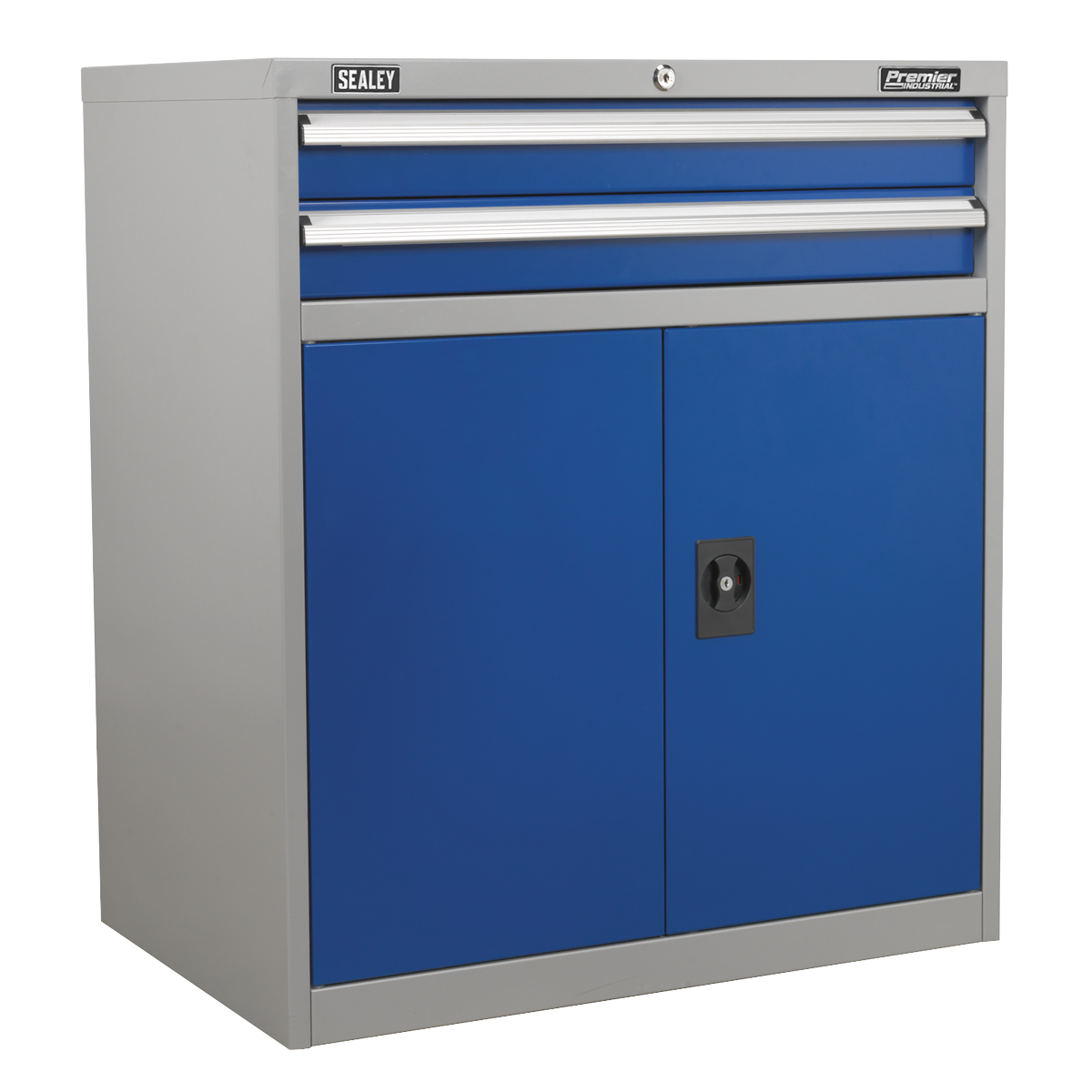 A blue and grey Sealey Industrial Cabinet 2 Drawer & 1 Shelf Double Locker (API8810) with a lockable handle on the doors, featuring heavy-duty drawer slides for durability and a small lock on the top drawer for personalized storage layout.