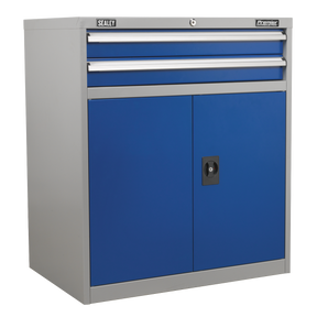 A blue and grey Sealey Industrial Cabinet 2 Drawer & 1 Shelf Double Locker (API8810) with a lockable handle on the doors, featuring heavy-duty drawer slides for durability and a small lock on the top drawer for personalized storage layout.