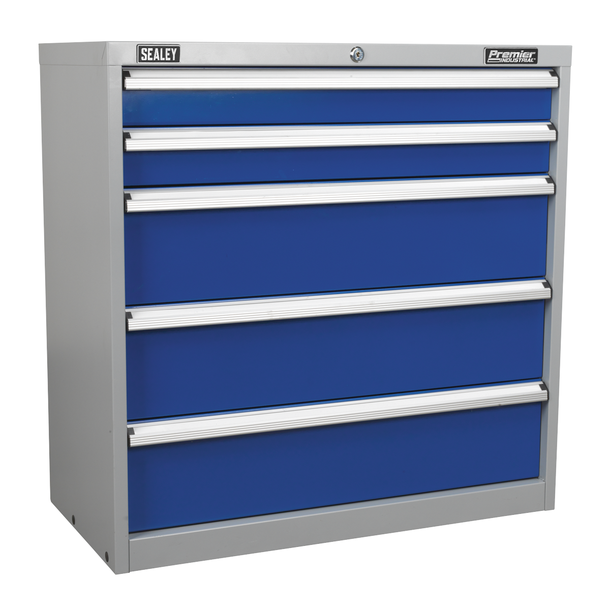 A Sealey Industrial Cabinet 5 Drawer - API9005 in gray and blue, featuring five heavy-duty drawers labeled "Premier" for personalized storage.