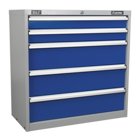 A Sealey Industrial Cabinet 5 Drawer - API9005 in gray and blue, featuring five heavy-duty drawers labeled "Premier" for personalized storage.