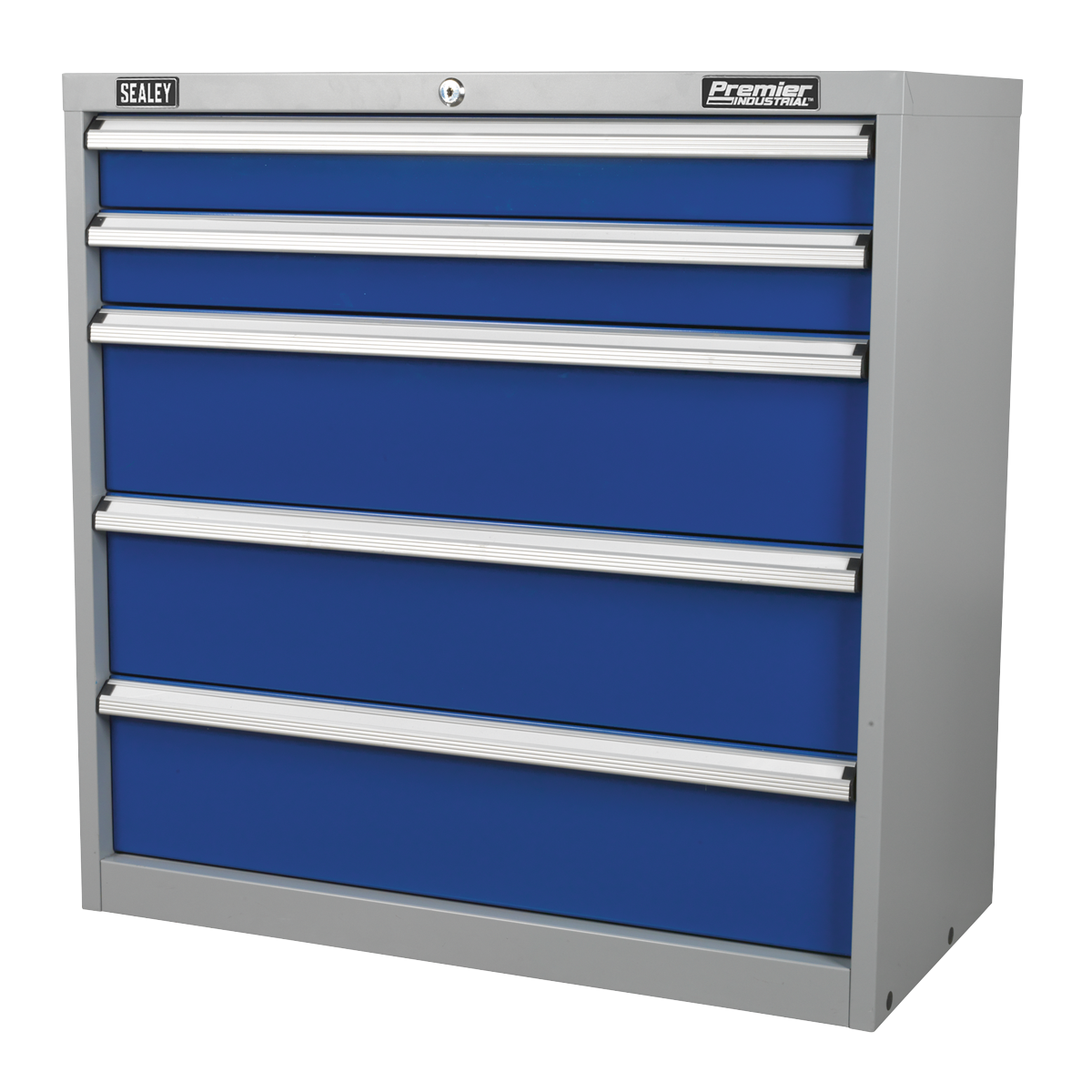 A gray and blue Sealey Industrial Cabinet 5 Drawer - API9005, featuring five heavy-duty drawers with silver handles.