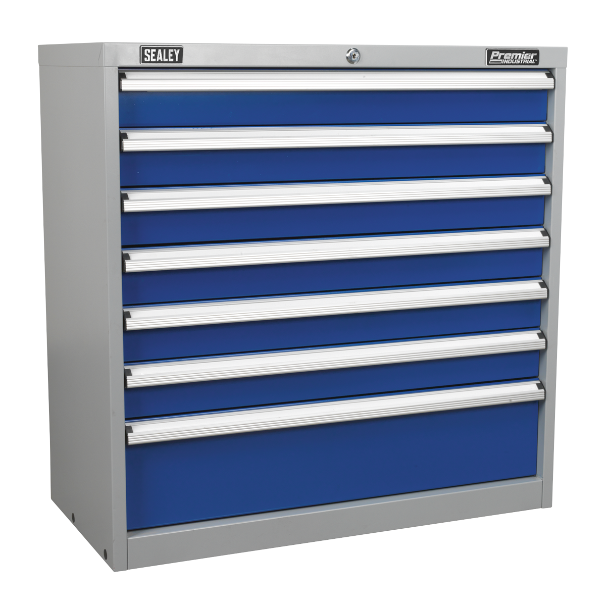 A gray and blue "Sealey" Industrial Cabinet (API9007) with seven drawers, featuring the brand name "Sealey" on the upper left corner and "Premier" on the upper right. This industrial quality cabinet boasts heavy-duty ball-bearing slides, ensuring smooth operation.