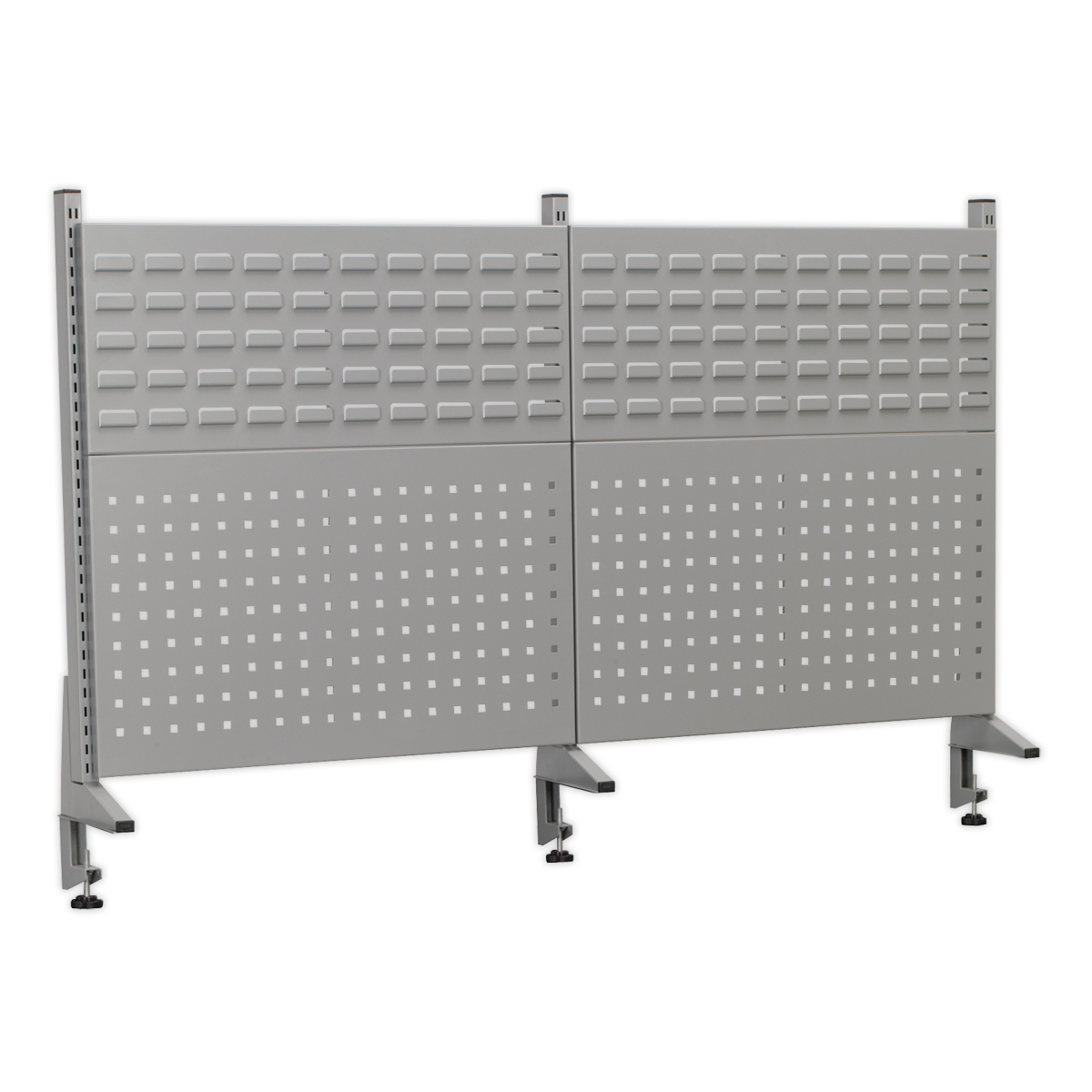 A gray, dual-sided metal pegboard on wheels with a perforated pattern for organizing tools or materials, compatible with the Sealey Back Panel Assembly for API1500 (model APIBP1500).