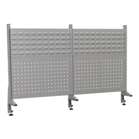 A gray, dual-sided metal pegboard on wheels with a perforated pattern for organizing tools or materials, compatible with the Sealey Back Panel Assembly for API1500 (model APIBP1500).