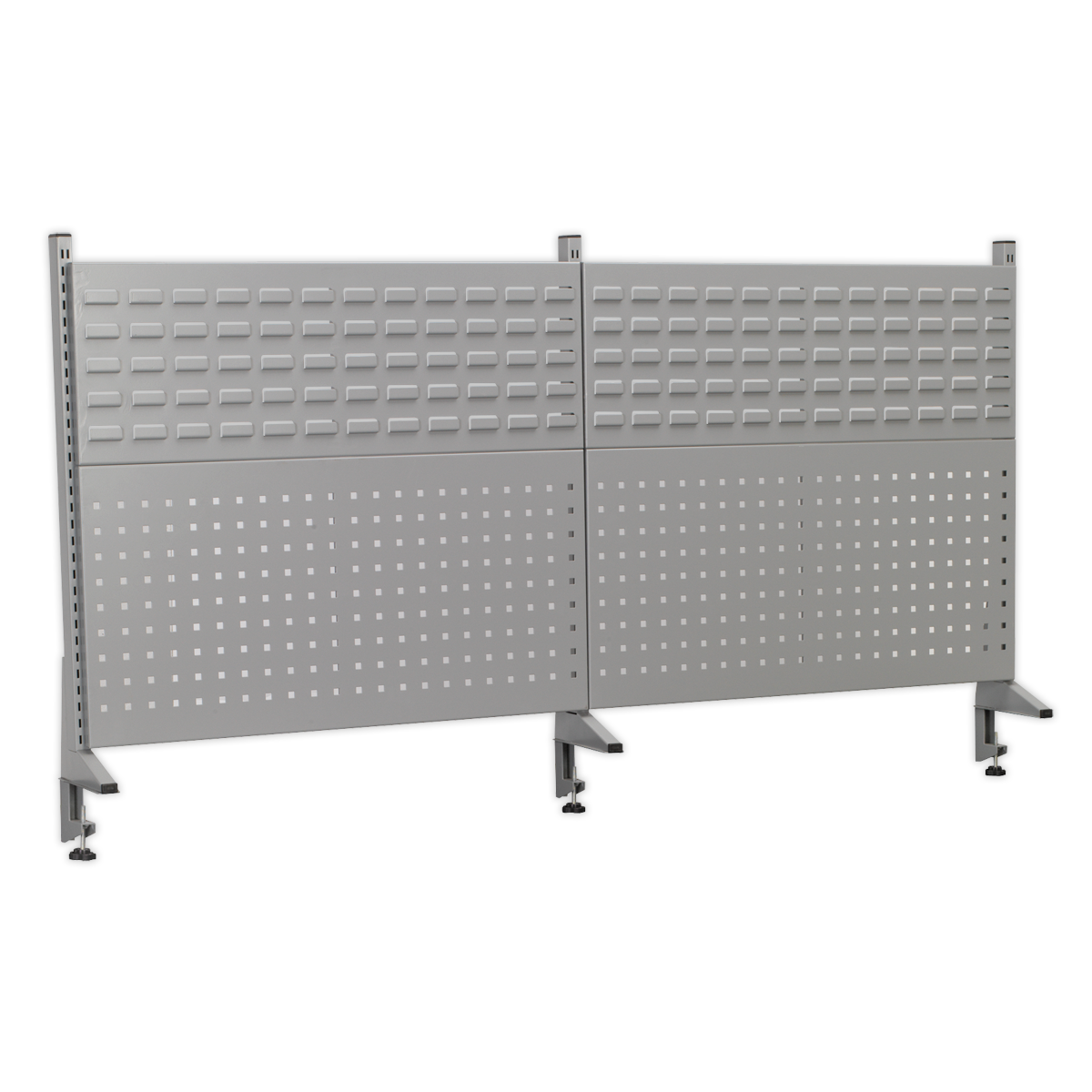 The Sealey Back Panel Assembly for API1800 (Model APIBP1800) features a perforated design mounted on a black frame with wheels, making it ideal for any industrial workbench setup.