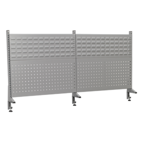 The Sealey Back Panel Assembly for API1800 (Model APIBP1800) features a perforated design mounted on a black frame with wheels, making it ideal for any industrial workbench setup.