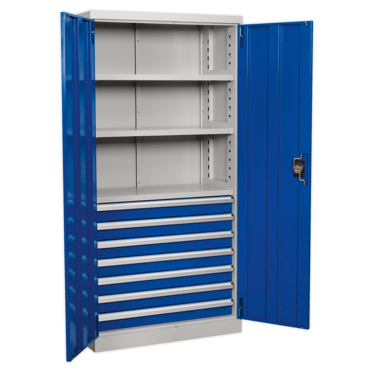 The Sealey Industrial Cabinet 7 Drawer 3 Shelf 1800mm - APICCOMBO7 is a freestanding unit in blue and gray metal, featuring two open doors, three adjustable shelves, and six drawers with heavy-duty slides.