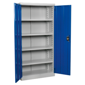 The Sealey Industrial Cabinet 4 Shelf 1800mm - APICCOMBOF4 features a freestanding design with a blue, reinforced steel door and four adjustable gray shelves, standing open to reveal the interior.