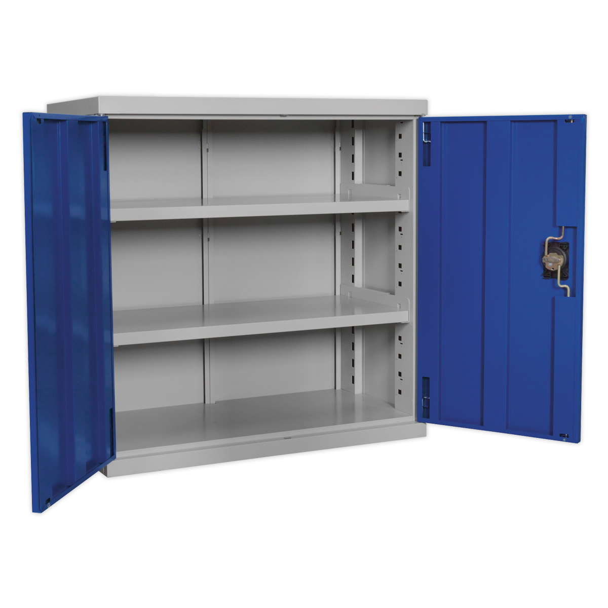 The Industrial Cabinet 2 Shelf 900mm - APICCOMBOH2 by Sealey is a freestanding metal storage solution featuring reinforced steel blue double doors, adjustable internal shelves, and a lockable latch, displayed fully opened.