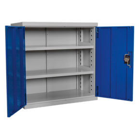 The Industrial Cabinet 2 Shelf 900mm - APICCOMBOH2 by Sealey is a freestanding metal storage solution featuring reinforced steel blue double doors, adjustable internal shelves, and a lockable latch, displayed fully opened.