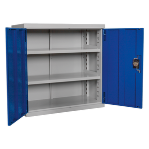 The Industrial Cabinet 2 Shelf 900mm - APICCOMBOH2 by Sealey is a freestanding metal storage solution featuring reinforced steel blue double doors, adjustable internal shelves, and a lockable latch, displayed fully opened.