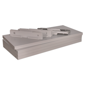 A set of four white metal shelves for industrial cabinets, each with attached brackets, neatly arranged on top of each other, perfect for enhancing your cabinet storage. Featuring the APICS4 design from Sealey, these shelves ensure sturdy and reliable support.