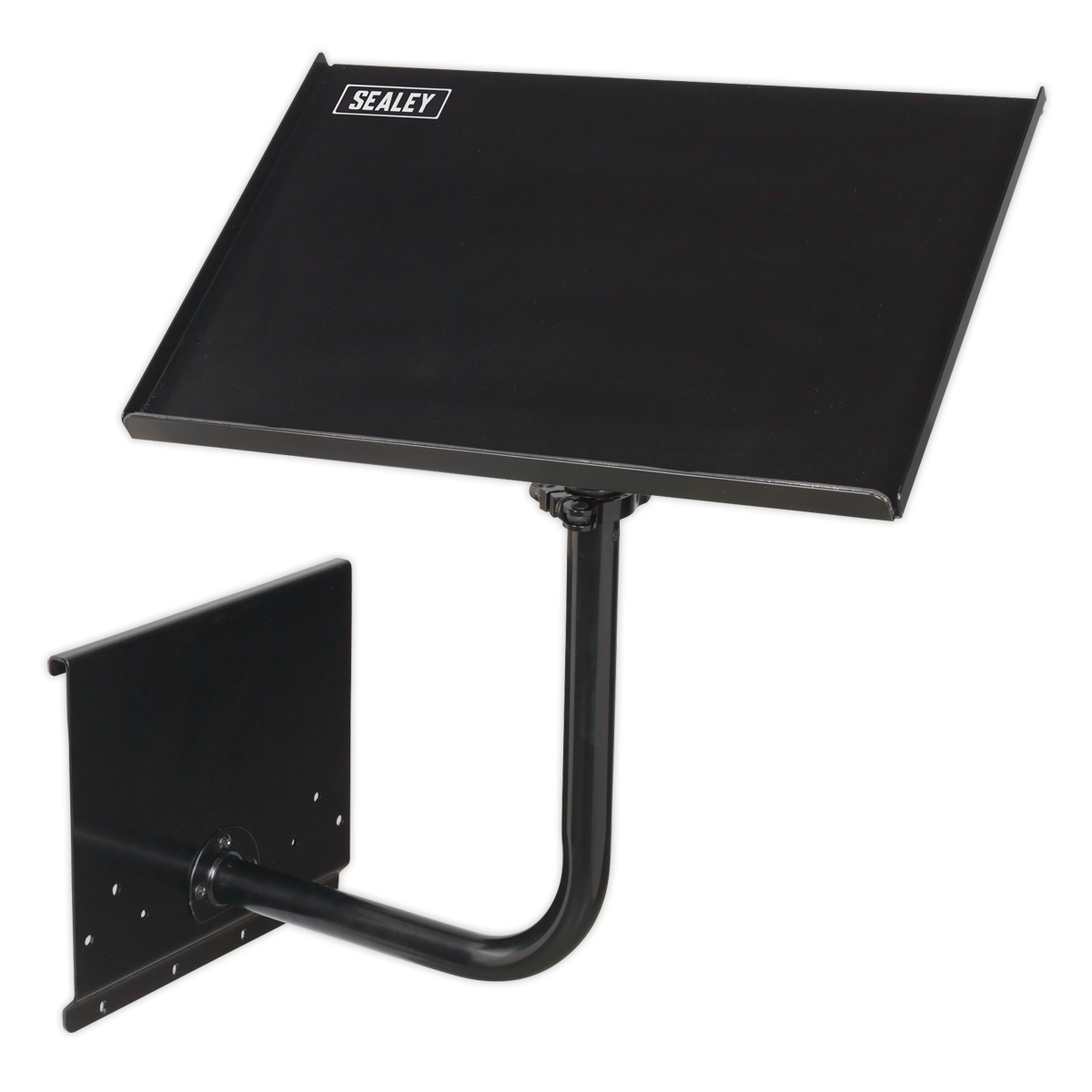 A black Sealey Laptop & Tablet Stand 440mm (APLTSB) features a rectangular surface attached to a curved metal support arm on a rectangular mounting plate, perfect for an automotive technician's workspace.