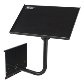 A black Sealey Laptop & Tablet Stand 440mm (APLTSB) features a rectangular surface attached to a curved metal support arm on a rectangular mounting plate, perfect for an automotive technician's workspace.