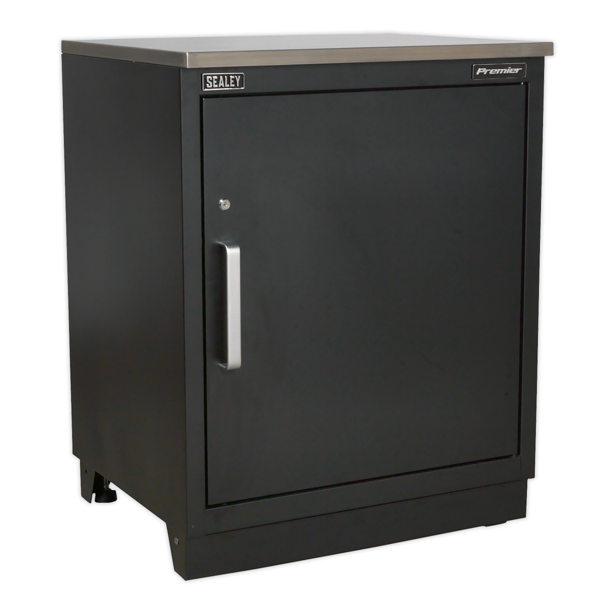 The Sealey Modular Floor Cabinet 1 Door 775mm Heavy-Duty - APMS01 from the Premier range features a black, steel construction with a stainless steel top. It includes a single door and a silver handle for secure storage and an adjustable shelf, making it perfect for any garage storage system.