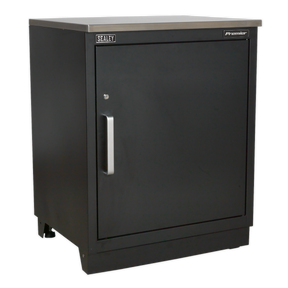 The Sealey Modular Floor Cabinet 1 Door 775mm Heavy-Duty - APMS01 from the Premier range features a black, steel construction with a stainless steel top. It includes a single door and a silver handle for secure storage and an adjustable shelf, making it perfect for any garage storage system.