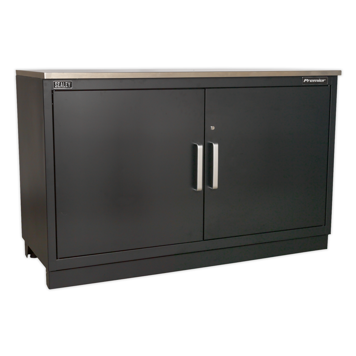 The Sealey "Modular Floor Cabinet 2 Door 1550mm Heavy-Duty - APMS02" is a versatile black metal storage cabinet featuring silver handles and a flat top surface. Constructed from durable steel, it includes an adjustable shelf for customizable storage space, making it perfect for any garage storage system.