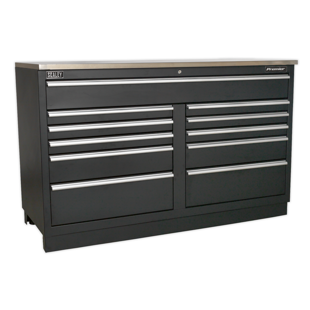 A large Sealey Modular Floor Cabinet, featuring 11 heavy-duty drawers, durable steel construction, and a flat top surface for garage storage systems.