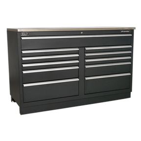 A large Sealey Modular Floor Cabinet, featuring 11 heavy-duty drawers, durable steel construction, and a flat top surface for garage storage systems.