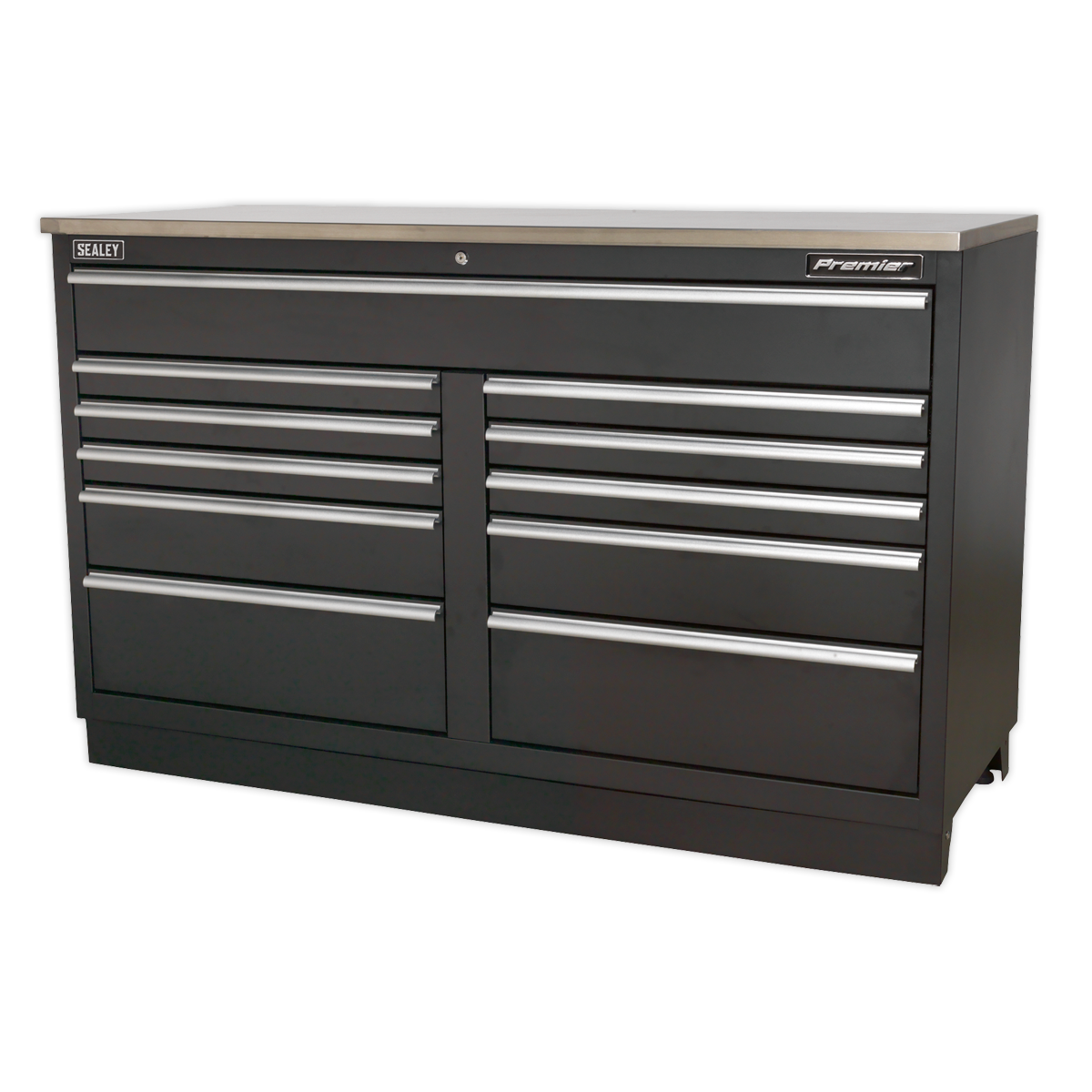 A Sealey Modular Floor Cabinet, model APMS04, with 11 heavy-duty drawers and steel construction, designed for storing and organizing tools.