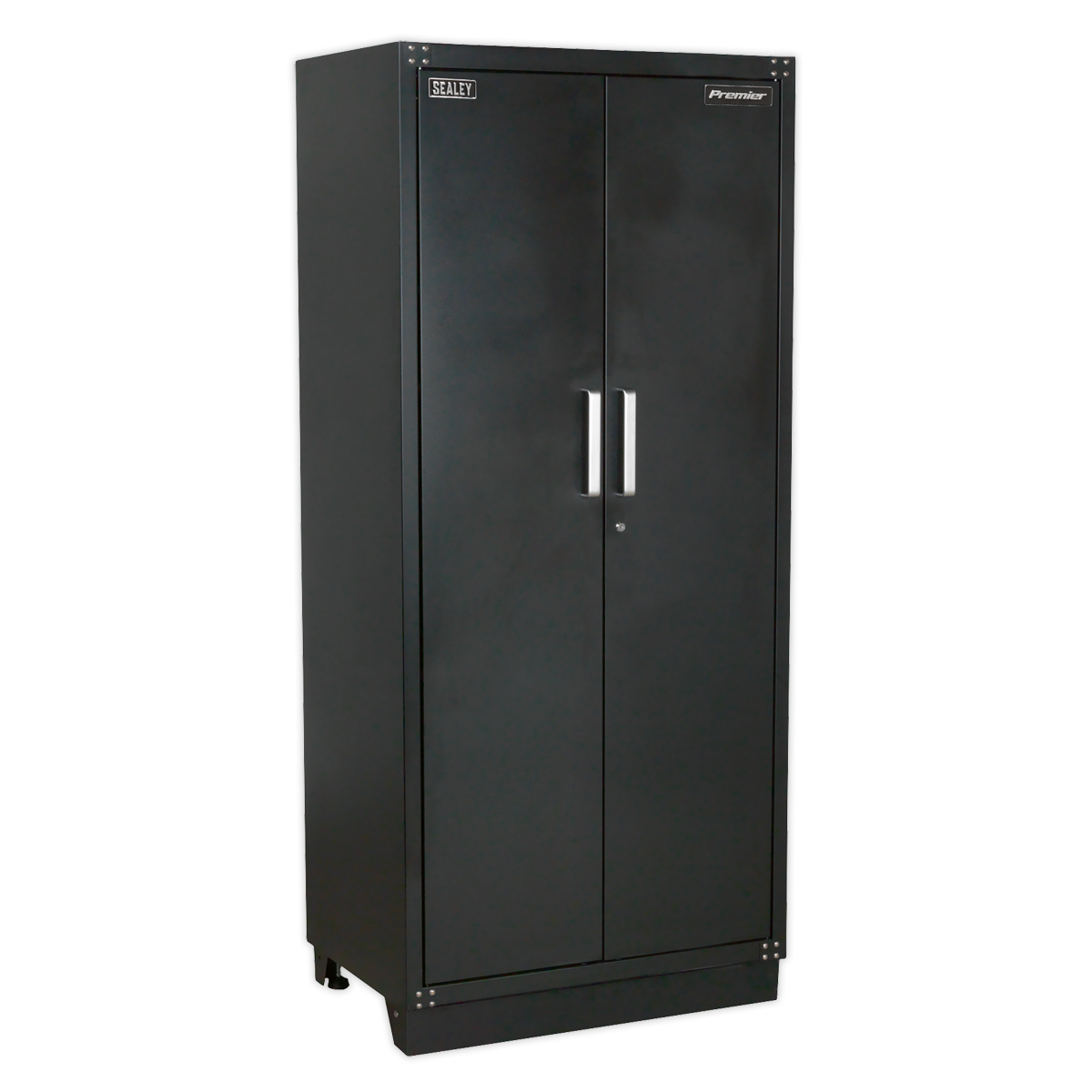 The Sealey Modular Full Height Floor Cabinet 930mm Heavy-Duty - APMS05 is a tall, black metal storage cabinet with two doors, silver handles, and adjustable shelves, making it perfect for a garage storage system.