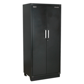 The Sealey Modular Full Height Floor Cabinet 930mm Heavy-Duty - APMS05 is a tall, black metal storage cabinet with two doors, silver handles, and adjustable shelves, making it perfect for a garage storage system.