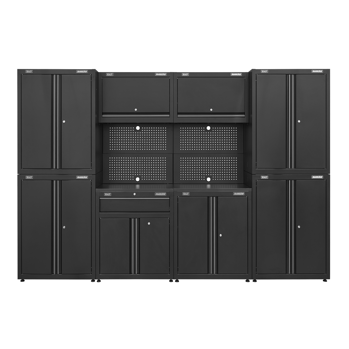 The Sealey Rapid-Fit 3.1m Modular Garage Storage System - APMS10HFP, in black, features multiple cabinets, a pegboard, and drawers equipped with ball-bearing runners and adjustable feet, all arranged symmetrically.