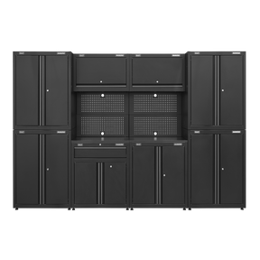 The Sealey Rapid-Fit 3.1m Modular Garage Storage System - APMS10HFP, in black, features multiple cabinets, a pegboard, and drawers equipped with ball-bearing runners and adjustable feet, all arranged symmetrically.