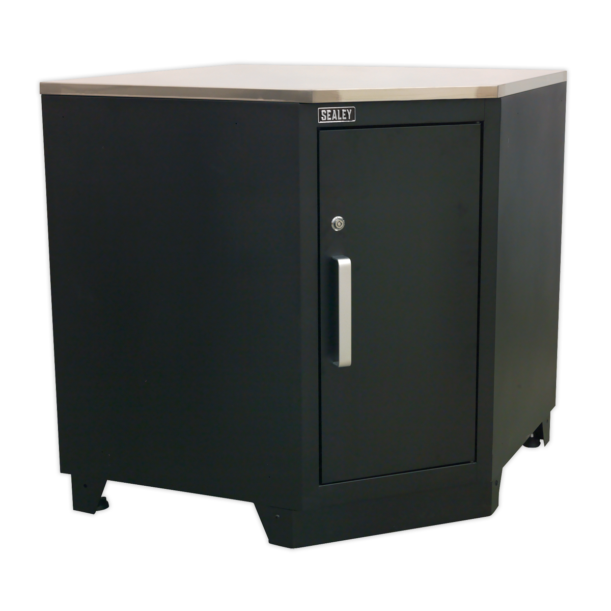 The Sealey Modular Corner Floor Cabinet 930mm Heavy-Duty (APMS15) features steel construction, a single door with a metal handle, and a square shape with a flat top surface. It includes an adjustable shelf, making it an ideal addition to any garage storage system.