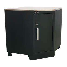 The Sealey Modular Corner Floor Cabinet 930mm Heavy-Duty (APMS15) features steel construction, a single door with a metal handle, and a square shape with a flat top surface. It includes an adjustable shelf, making it an ideal addition to any garage storage system.