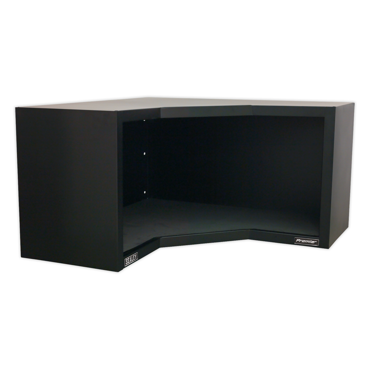 Sealey's Modular Corner Wall Cabinet 930mm Heavy-Duty - APMS16, with its open shelf, showcases a sleek angled design and durable steel construction finished in a graphite powder coat.