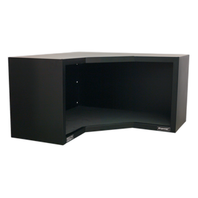 Sealey's Modular Corner Wall Cabinet 930mm Heavy-Duty - APMS16, with its open shelf, showcases a sleek angled design and durable steel construction finished in a graphite powder coat.