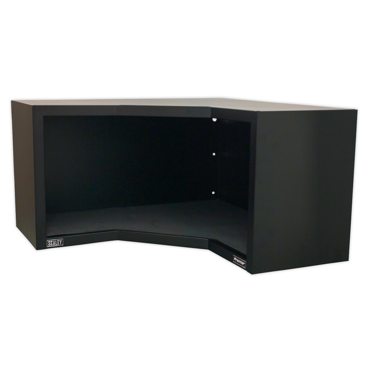 The Sealey Modular Corner Wall Cabinet 930mm Heavy-Duty - APMS16 features a durable steel construction with a sleek graphite powder coat, designed for corner placement in a room and boasting an open front and curved back for easy access.